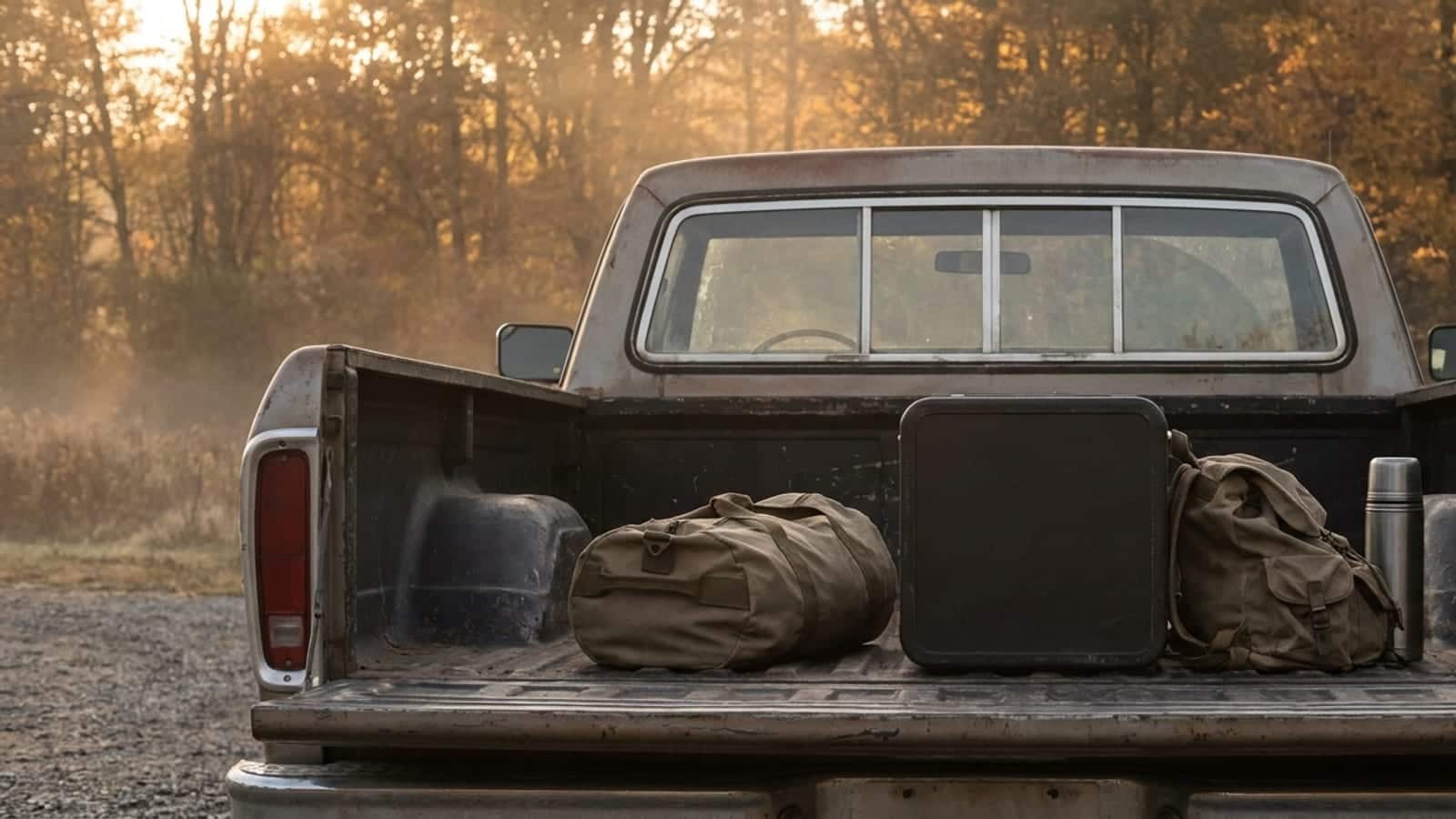 An open truck bed at a dawn trailhead, gear packed for a hunt against autumn timber