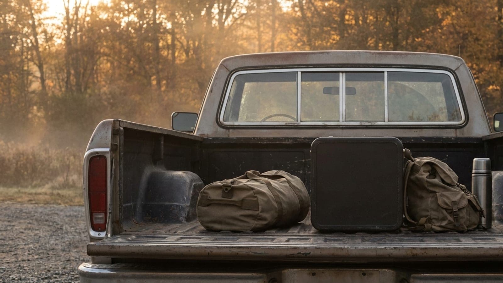 An open truck bed at a dawn trailhead, gear packed for a hunt against autumn timber