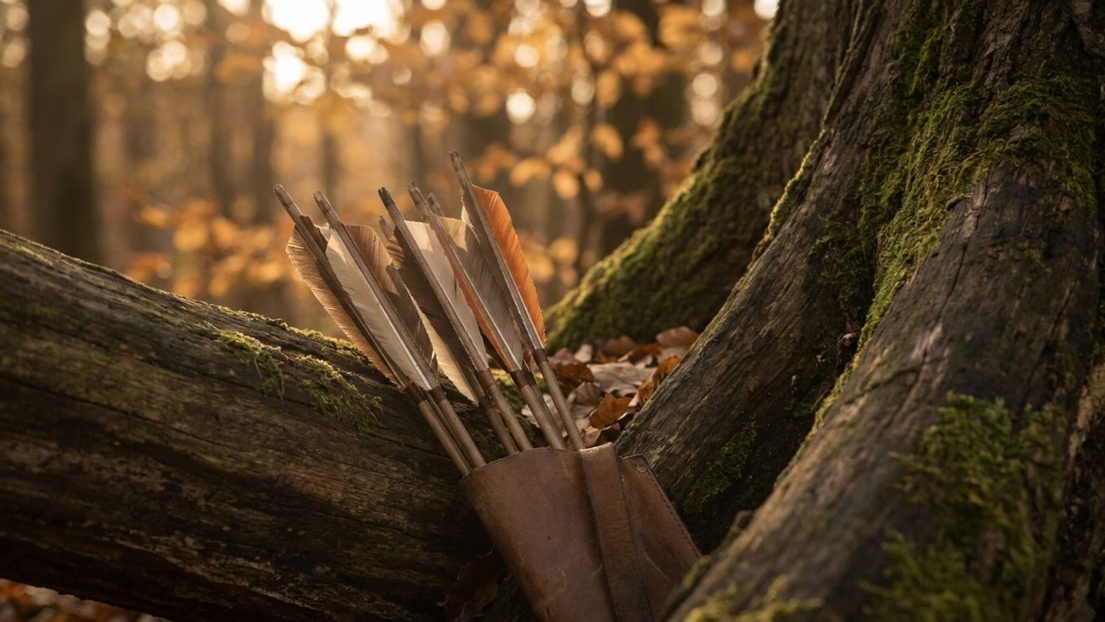 Arrows in a leather quiver against a mossy log in warm morning light